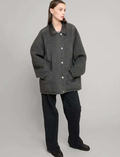 Oversized Wool Leather Collar Coat