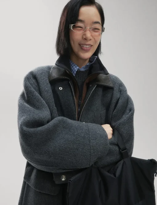 Oversized Wool Leather Collar Coat