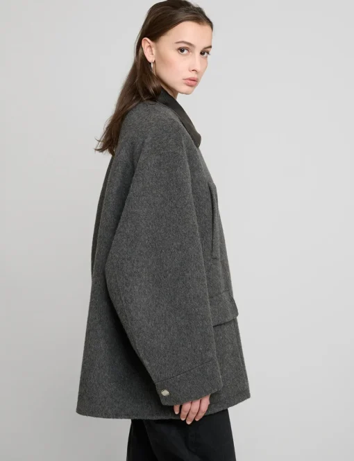 Oversized Wool Leather Collar Coat