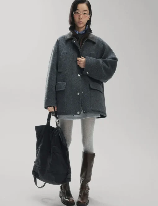 Oversized Wool Leather Collar Coat