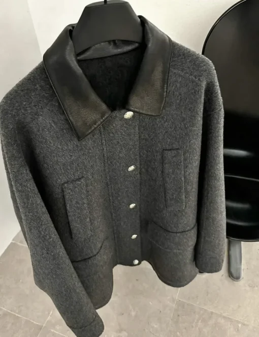 Oversized Wool Leather Collar Coat