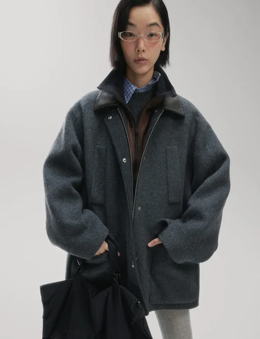 Oversized Wool Leather Collar Coat