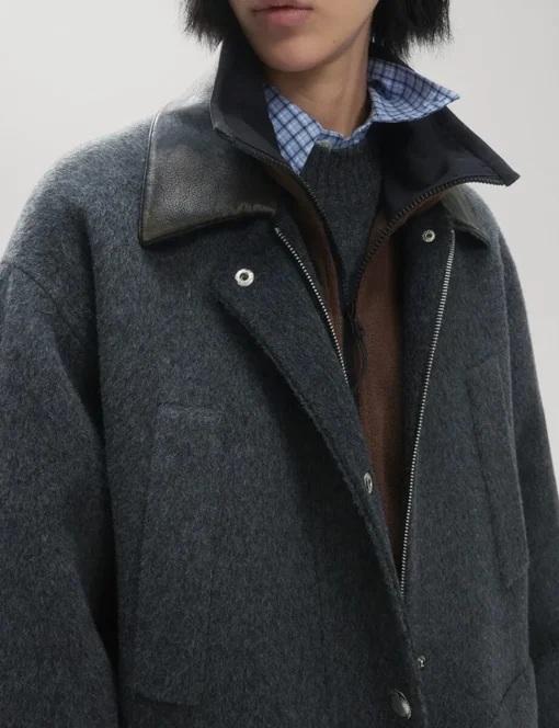Oversized Wool Leather Collar Coat