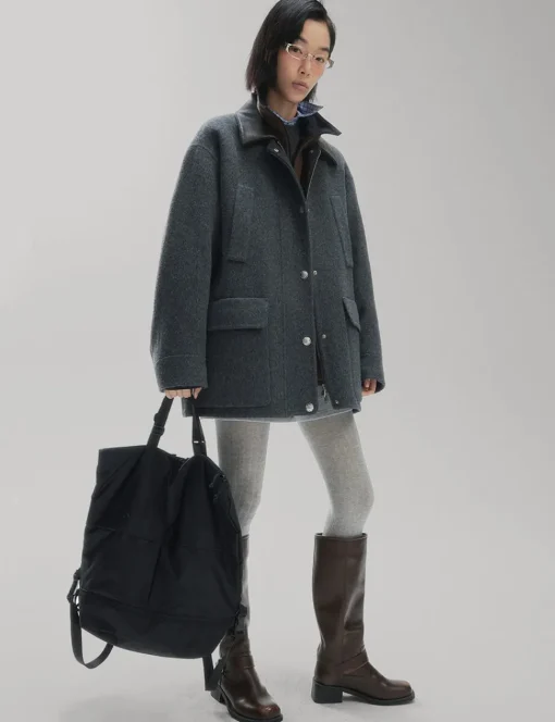 Oversized Wool Leather Collar Coat