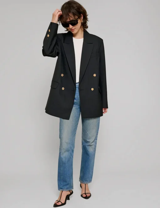 Oversized Wool-Twill Gold-Button Blazer