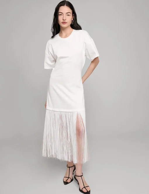 White Fringe Cotton Tee Dress