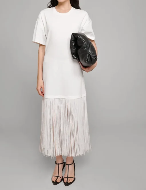 White Fringe Cotton Tee Dress