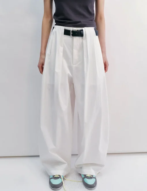 White Pleated Barrel Leg Pants -PREORDER
