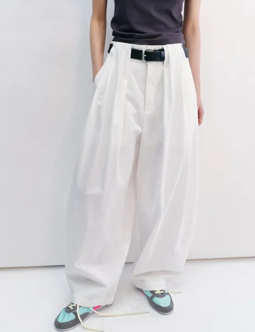 White Pleated Barrel Leg Pants -PREORDER