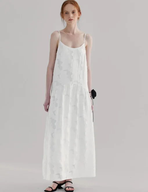 White Textured Drop Waist Dress